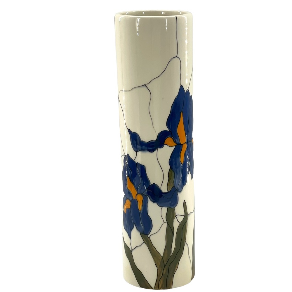 Vintage Japanese Otagiri Slender Off White Slender Vase w/ Blue Iris Motif 12.5"